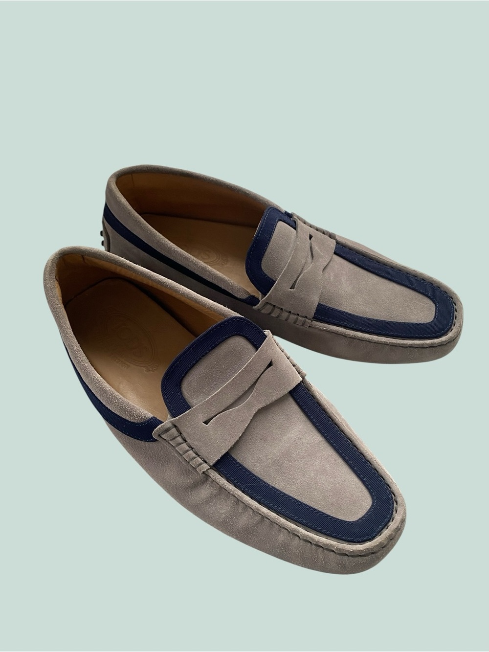 Tod's Suede Penny Loafers in Taupe with Navy Trim